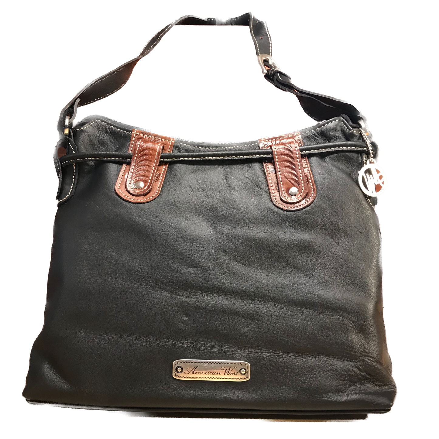Black Leather Zip-Top Structured Hobo with Brown Pockets - American Leatherworks