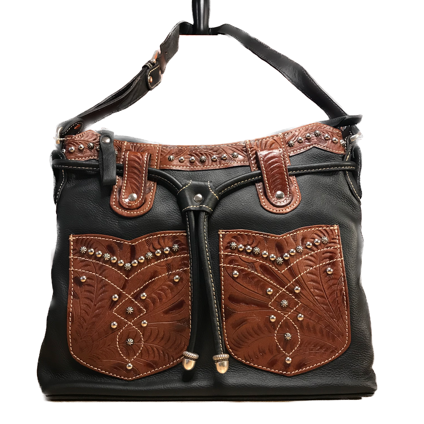 Black Leather Zip-Top Structured Hobo with Brown Pockets - American Leatherworks
