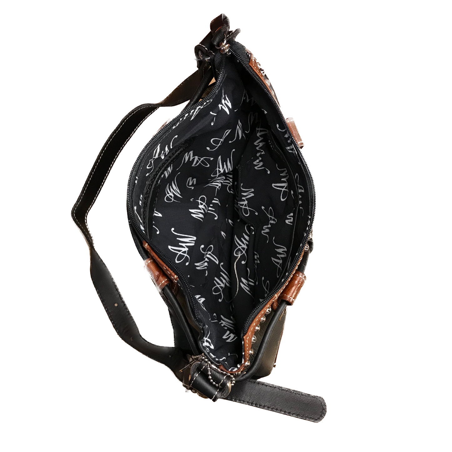 Black Leather Zip-Top Structured Hobo with Brown Pockets - American Leatherworks