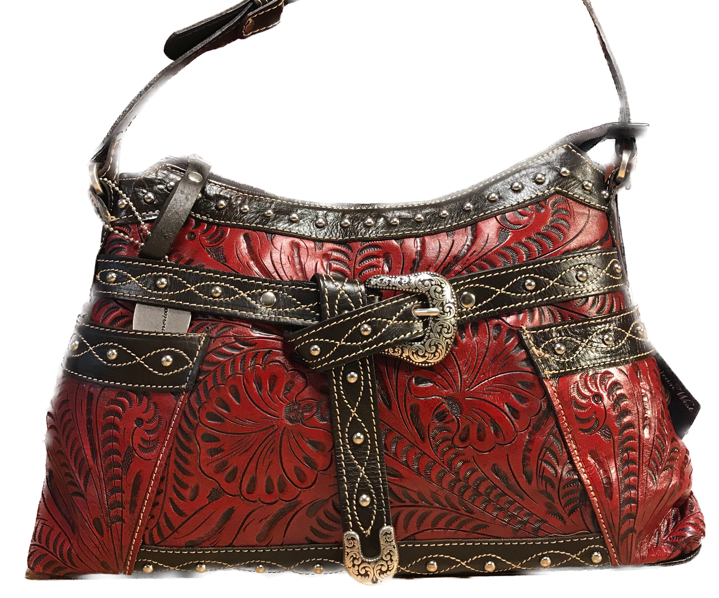 Distressed Crimson Zip-Top Shoulder Bag with Buckle