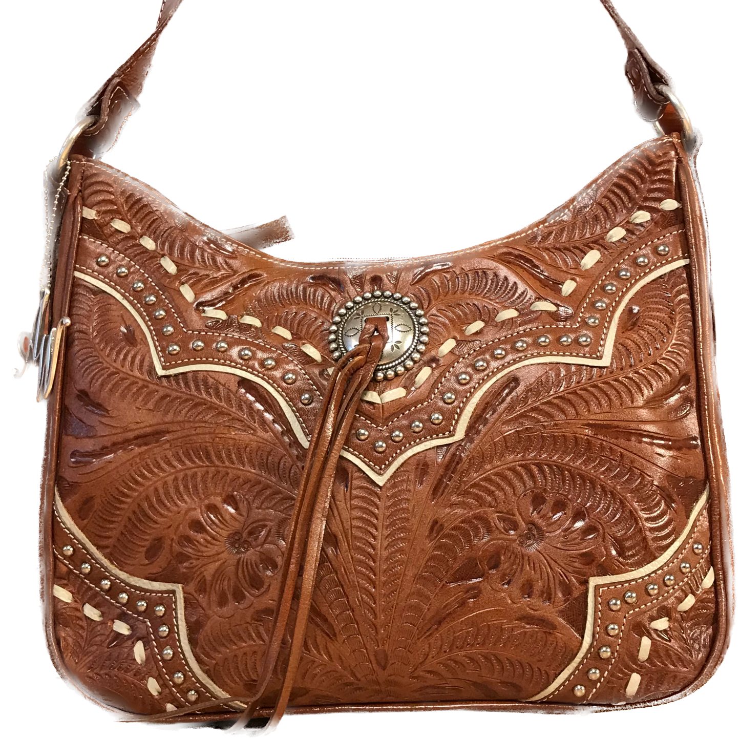 Antique Tan Leather Zip-top Shoulder Bag with Cream Lacing