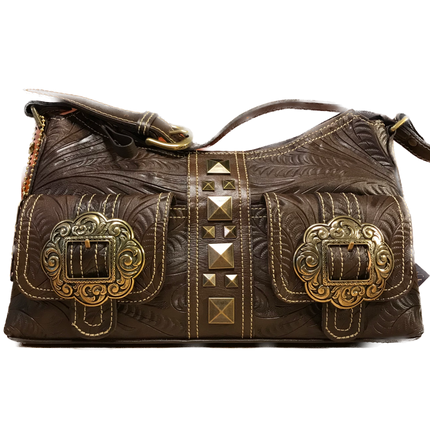 Earth Brown Leather Zip-Top Shoulder Bag with Brass Buckles - American Leatherworks