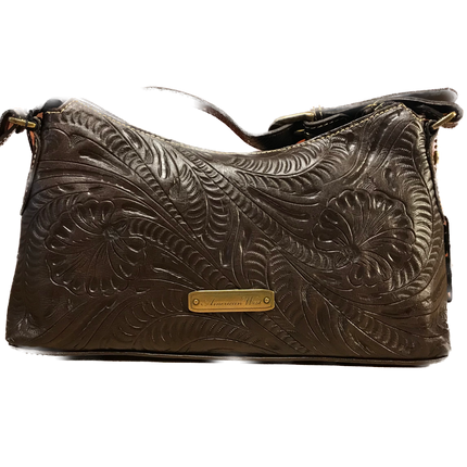 Earth Brown Leather Zip-Top Shoulder Bag with Brass Buckles - American Leatherworks