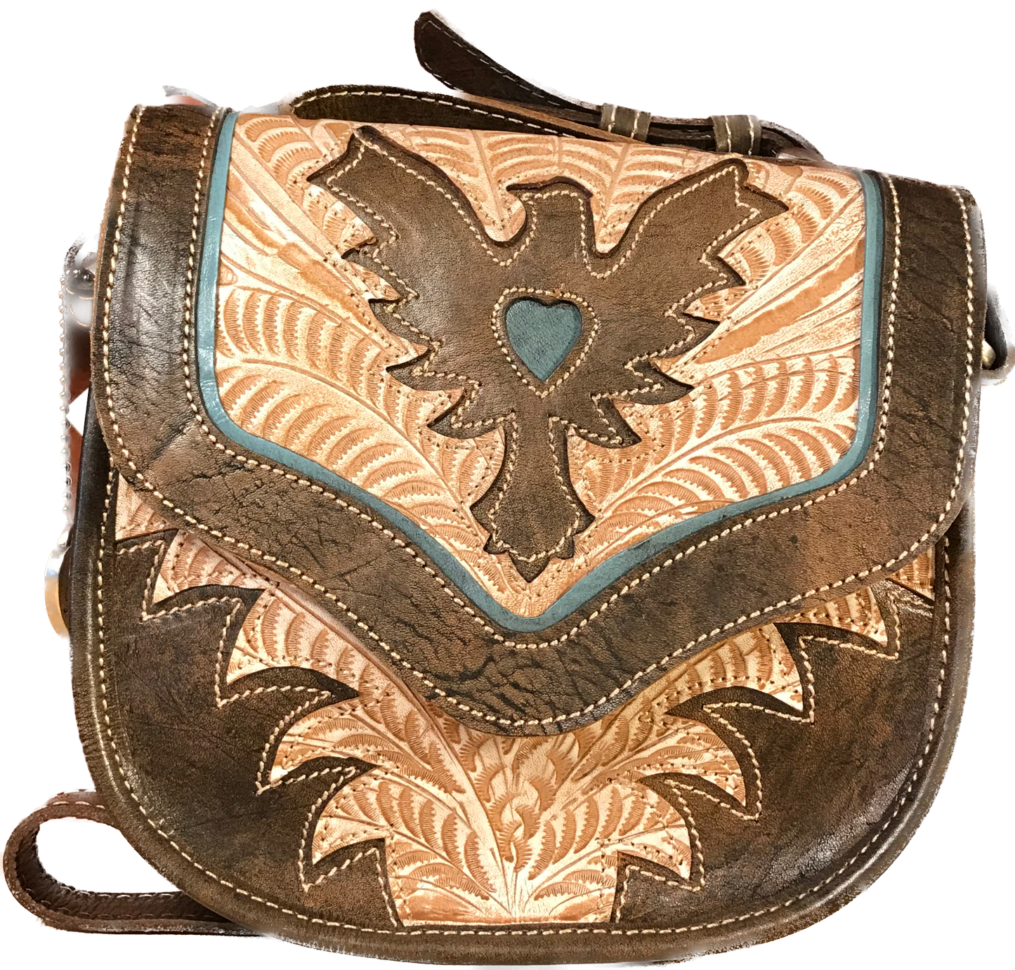 Distressed Cream and Charcoal Brown Crossbody Flap Bag with Eagle - American Leatherworks