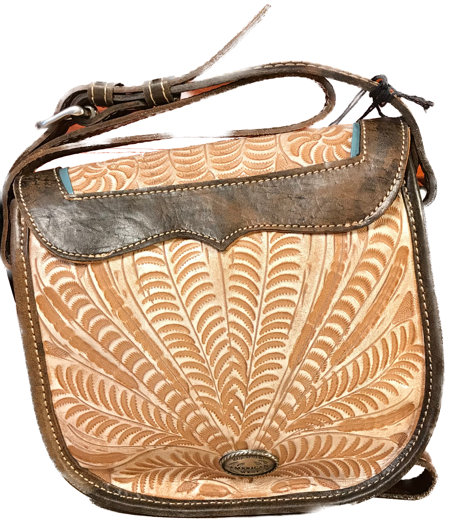 Distressed Cream and Charcoal Brown Crossbody Flap Bag with Eagle - American Leatherworks