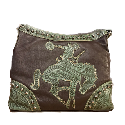 Soft, Tumbled Chocolate Leather with Turquoise Bucking Bronco Zip-Top Hobo - American Leatherworks