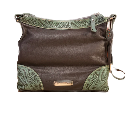 Soft, Tumbled Chocolate Leather with Turquoise Bucking Bronco Zip-Top Hobo - American Leatherworks