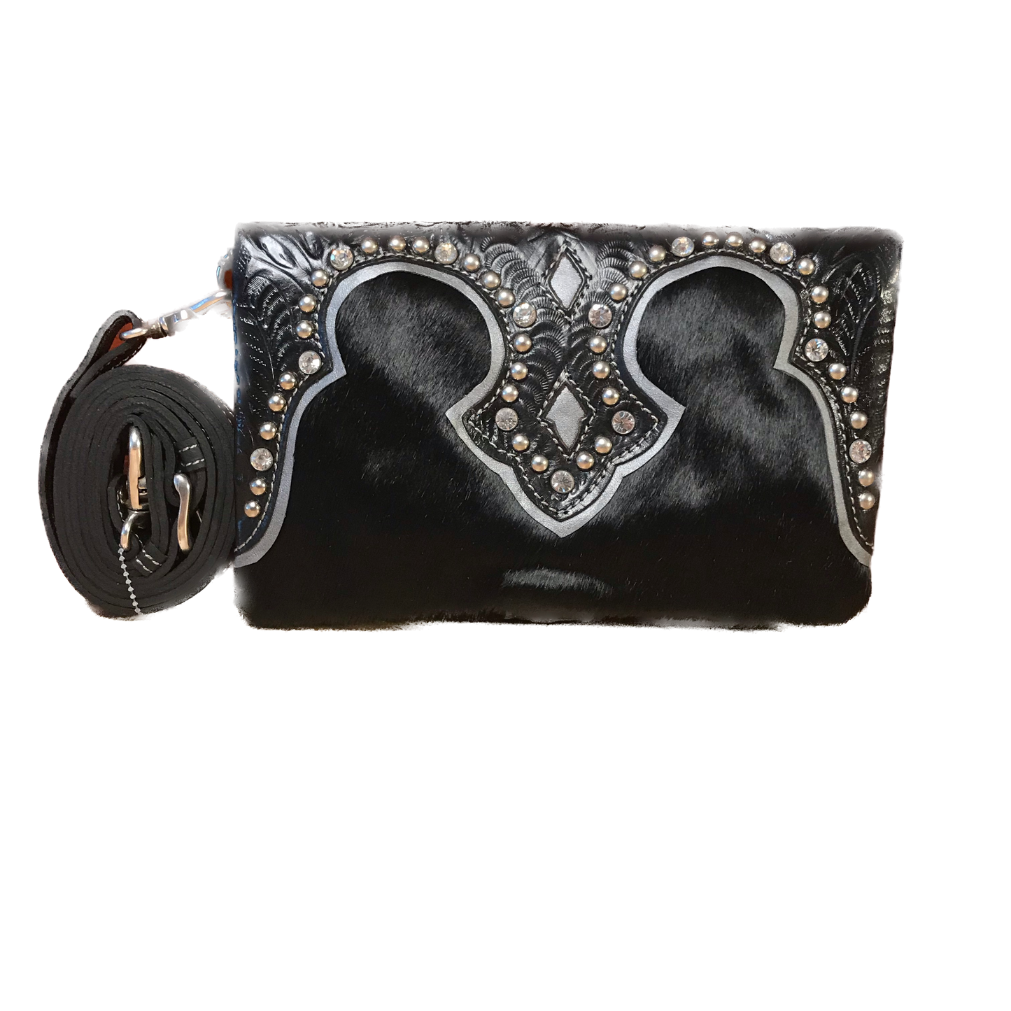 Black Leather Folded Clutch with Detachable Strap