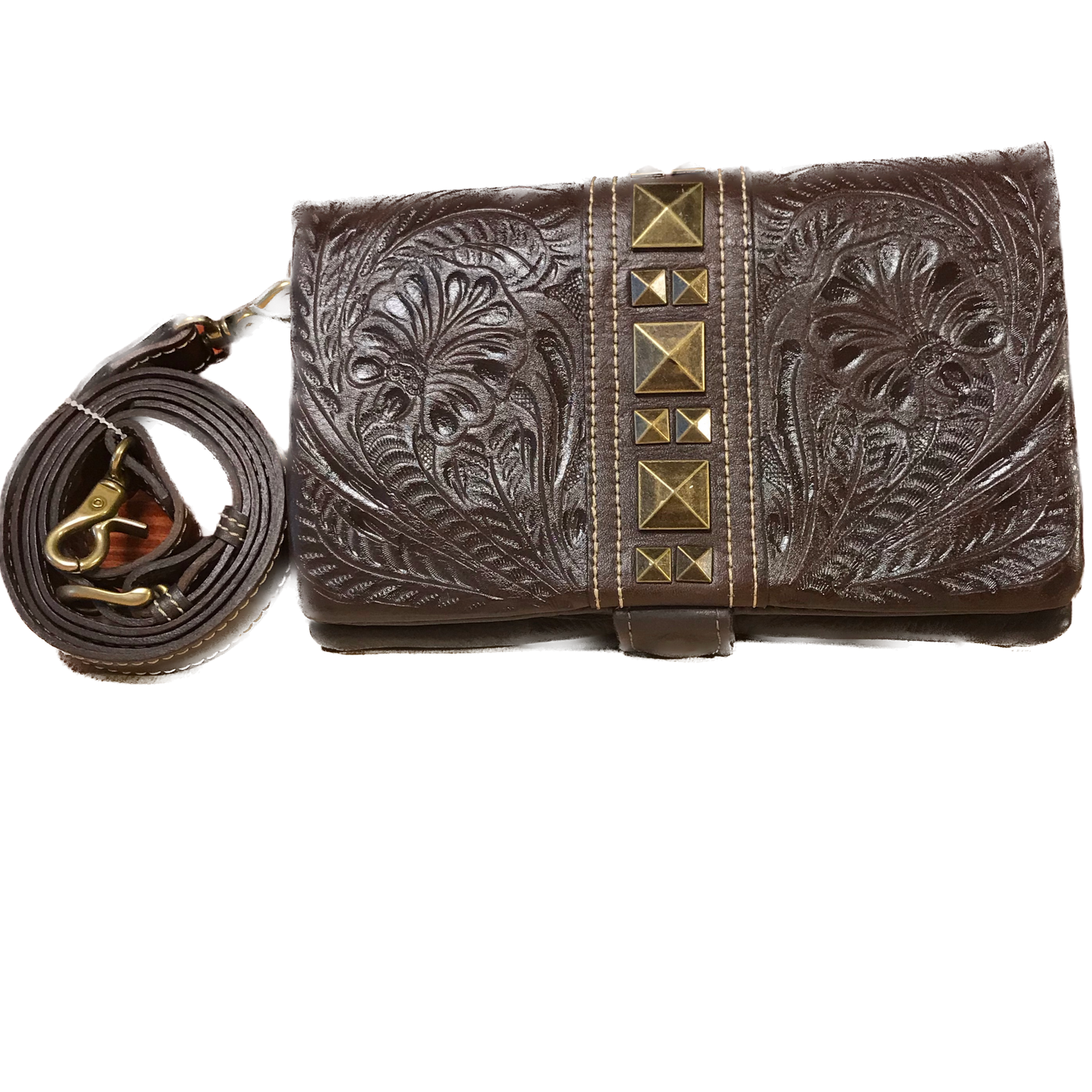 Brown Leather Folded Clutch with Detachable Strap