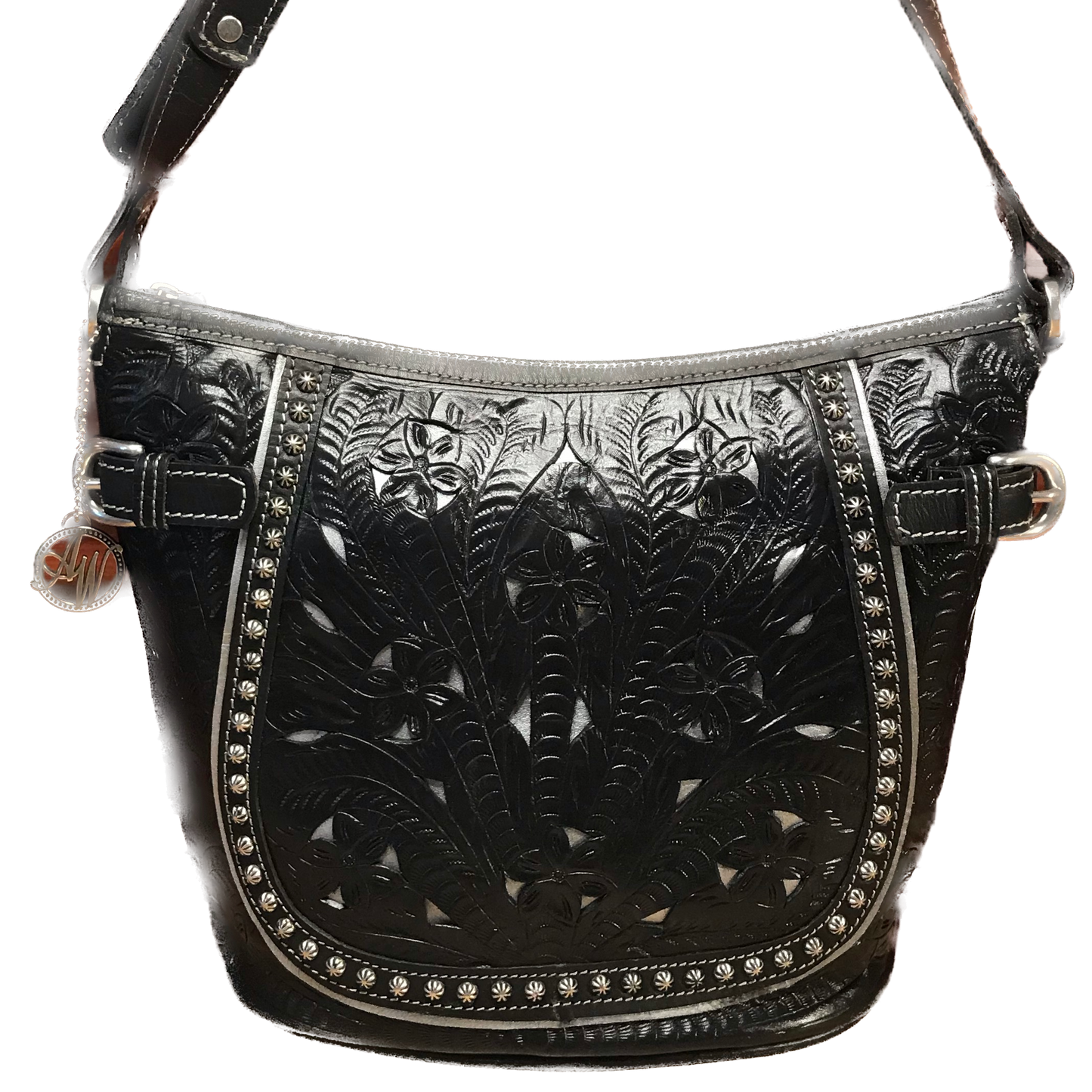 Filigree Black Leather Zip-Top Bucket Shoulder Bag - American Leatherworks