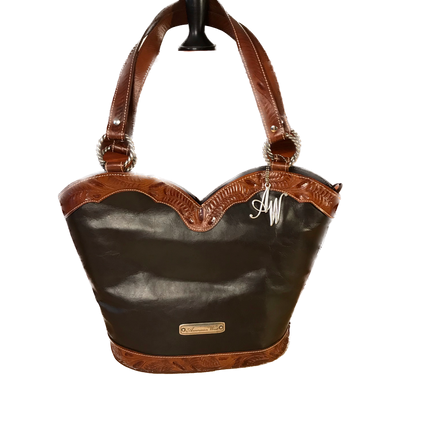 Dark Chocolate and Caramel Cowboy Cut-out Zip Top Tote - American Leatherworks