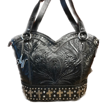 Hand Carved Black Leather Zip Top Tote - American Leatherworks