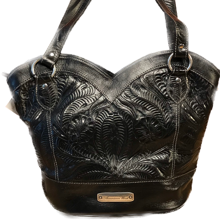 Hand Carved Black Leather Zip Top Tote - American Leatherworks