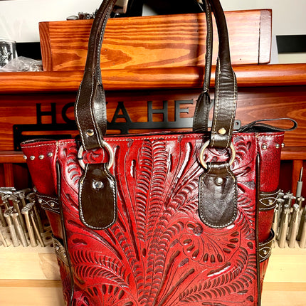 Distressed Crimson Zip Top Tote with Buckle - American Leatherworks