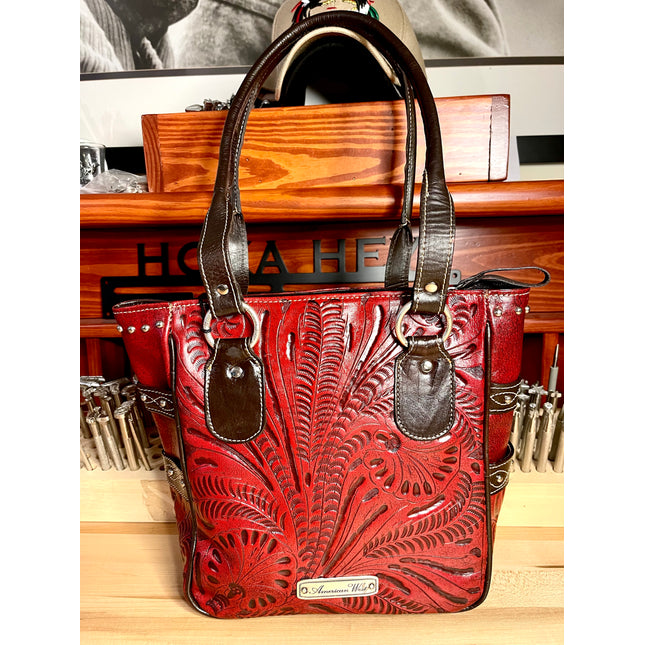 Distressed Crimson Zip Top Tote with Buckle - American Leatherworks