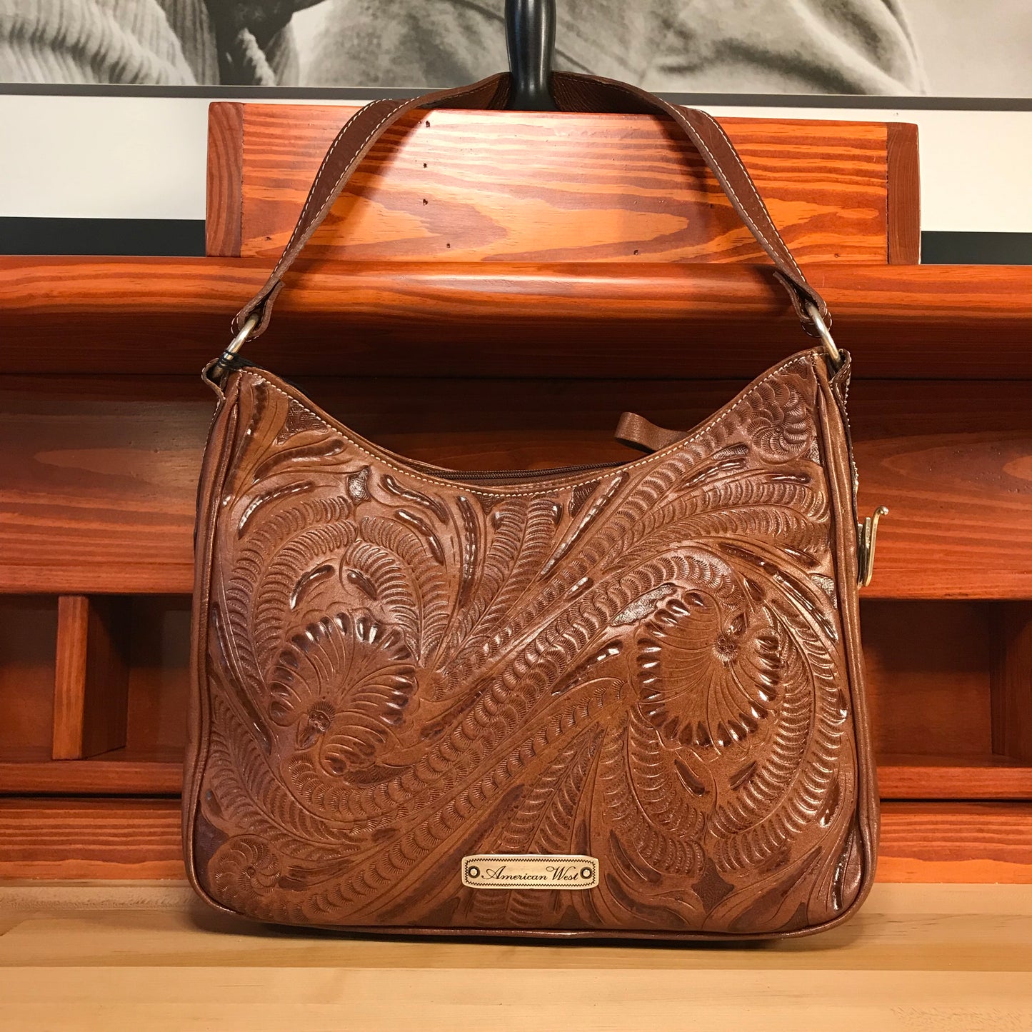 Antique Tan Leather Zip-top Shoulder Bag with Cream Lacing - American Leatherworks