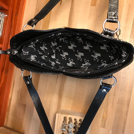 Hand Carved Black Leather Zip Top Tote - American Leatherworks