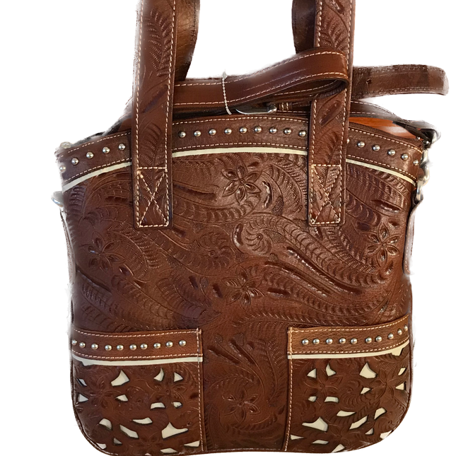 Tan Leather Flat Convertible Tote with Cream Filigree Accents - American Leatherworks