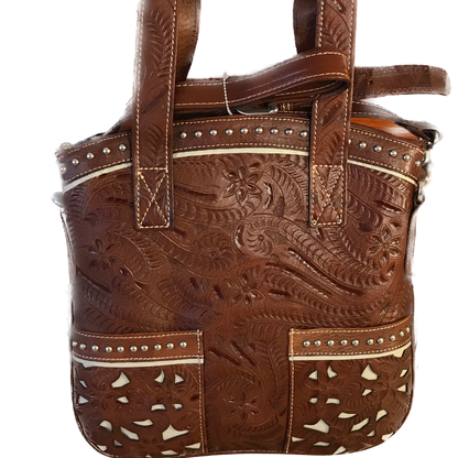 Tan Leather Flat Convertible Tote with Cream Filigree Accents