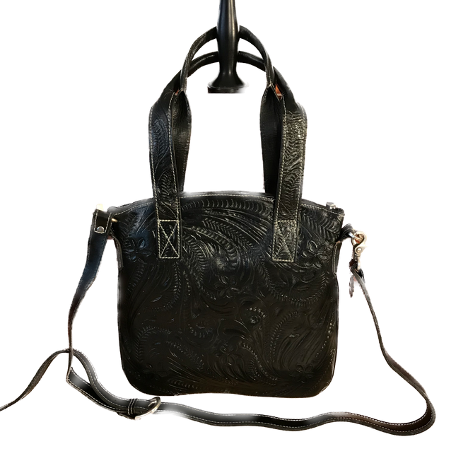 Black Leather with Silver Filigree Inserts Convertible Tote - American Leatherworks
