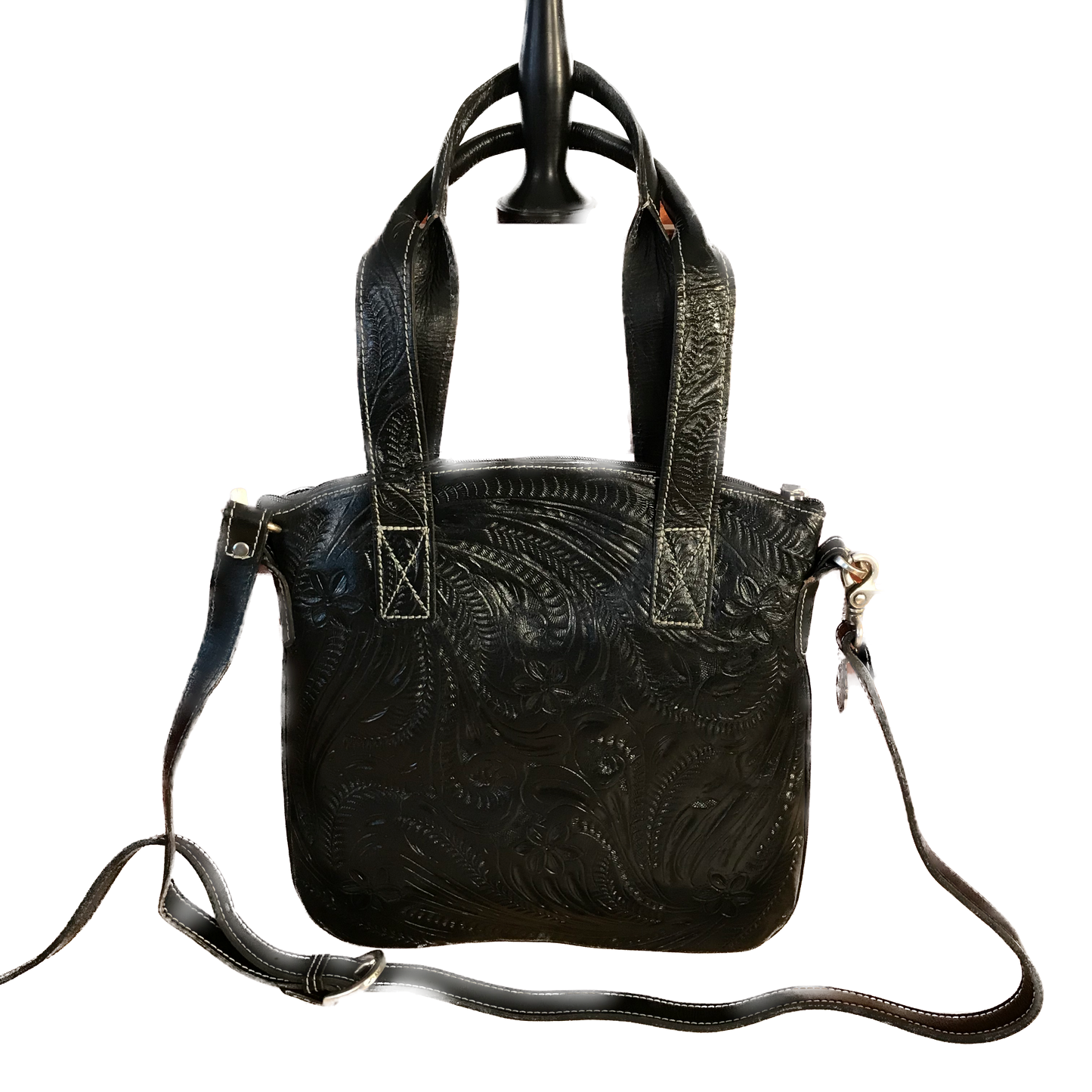 Black Leather with Silver Filigree Inserts Convertible Tote