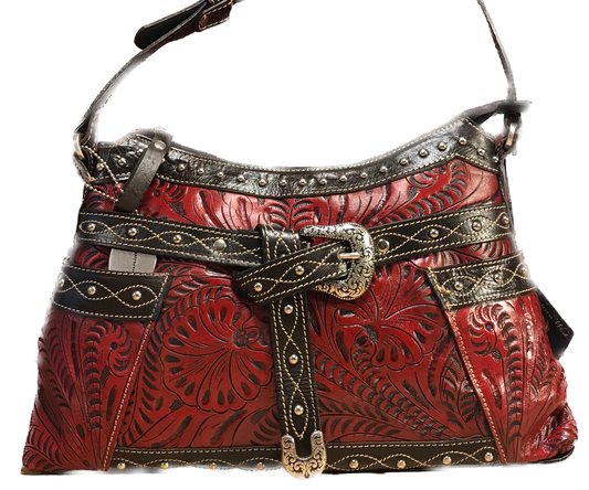 Distressed Crimson Zip-Top Shoulder Bag with Buckle
