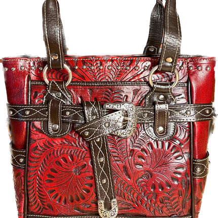 Distressed Crimson Zip Top Tote with Buckle - American Leatherworks