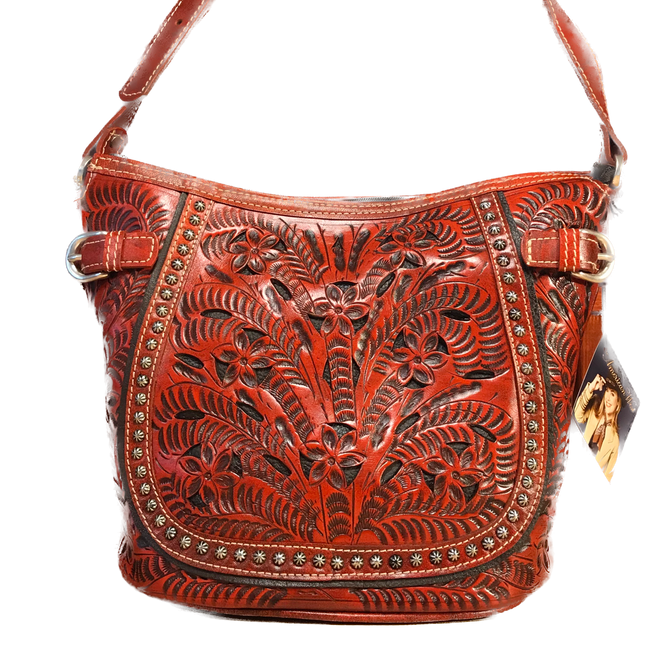 Filigree Distressed Orange Leather Zip-Top Bucket Shoulder Bag - American Leatherworks