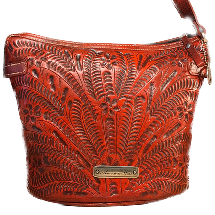 Filigree Distressed Orange Leather Zip-Top Bucket Shoulder Bag - American Leatherworks
