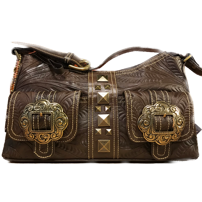 Earth Brown Leather Zip-Top Shoulder Bag with Brass Buckles - American Leatherworks