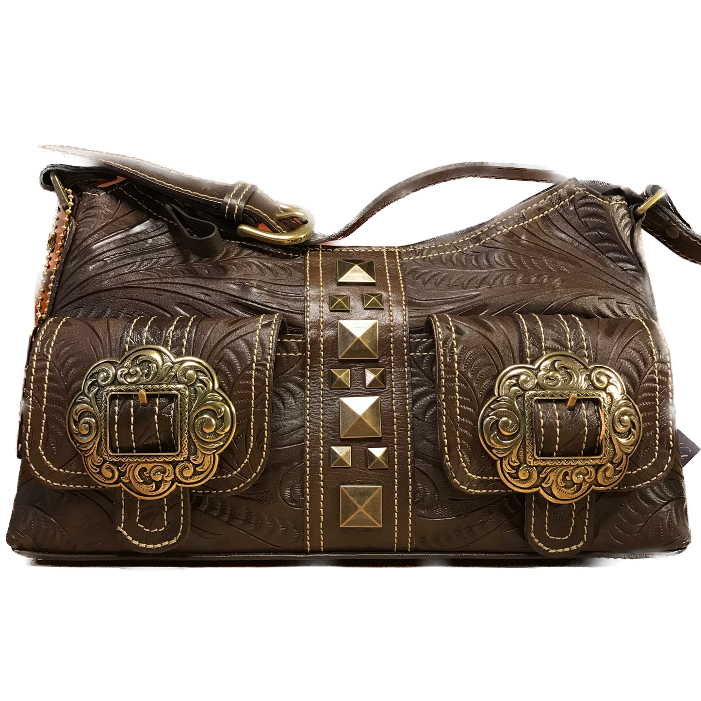 Earth Brown Leather Zip-Top Shoulder Bag with Brass Buckles