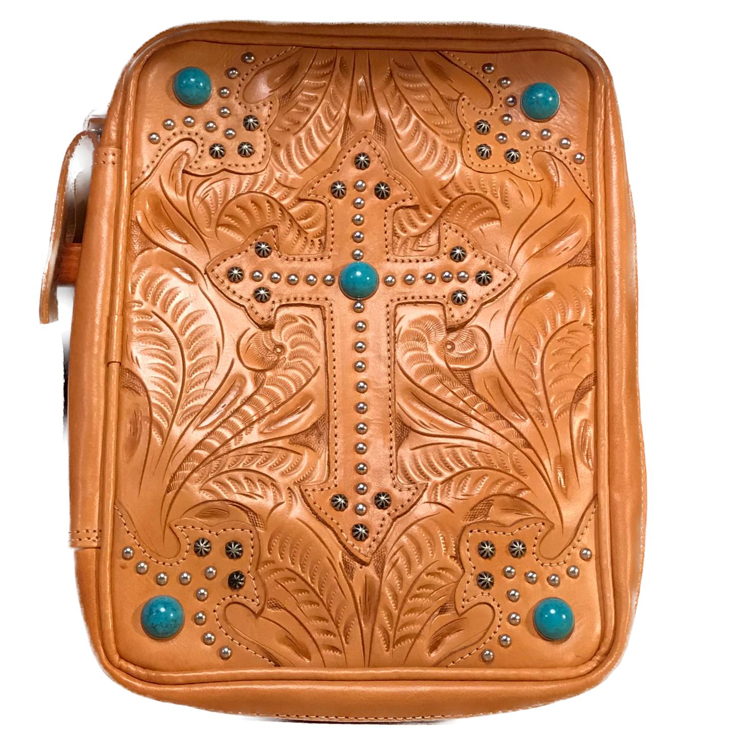 Light Tan Leather Bible Case with Cross and Turquoise Spots