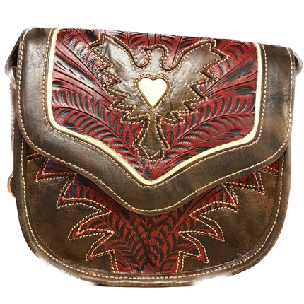 Distressed Crimson and Charcoal Leather Crossbody Flap Bag with Eagle - American Leatherworks