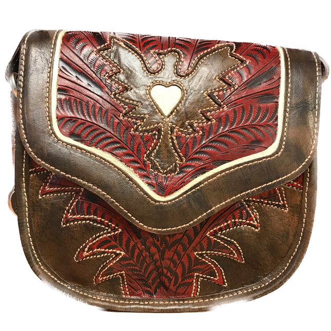 Distressed Crimson and Charcoal Leather Crossbody Flap Bag with Eagle - American Leatherworks