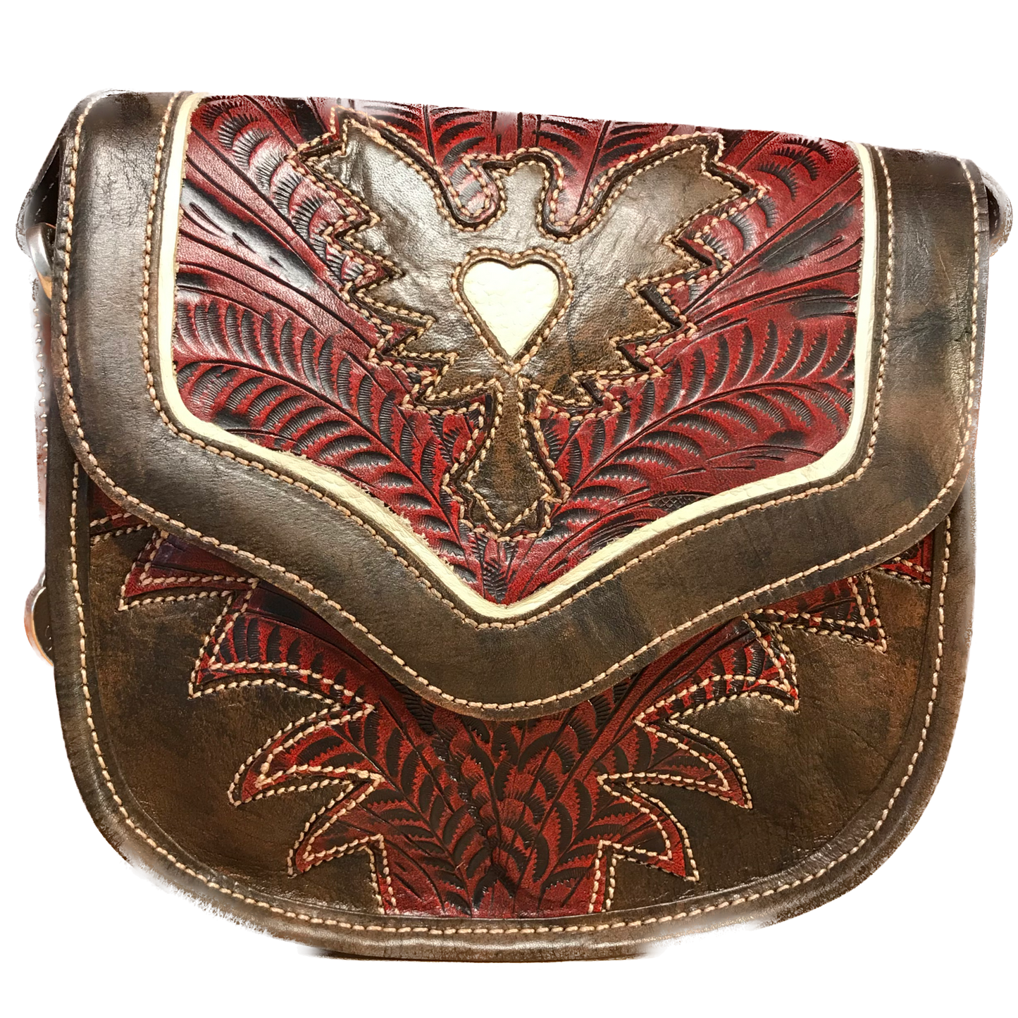 Distressed Crimson and Charcoal Leather Crossbody Flap Bag with Eagle