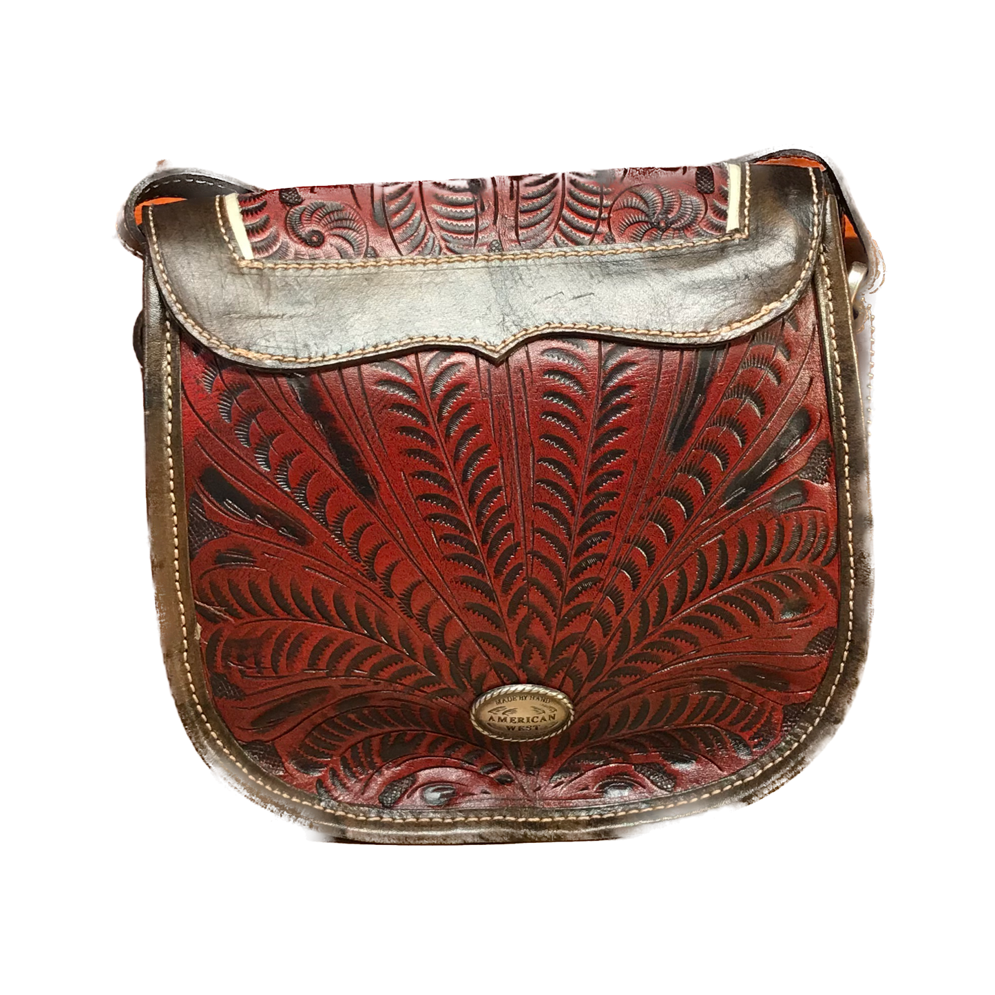 Distressed Crimson and Charcoal Leather Crossbody Flap Bag with Eagle