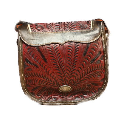 Distressed Crimson and Charcoal Leather Crossbody Flap Bag with Eagle