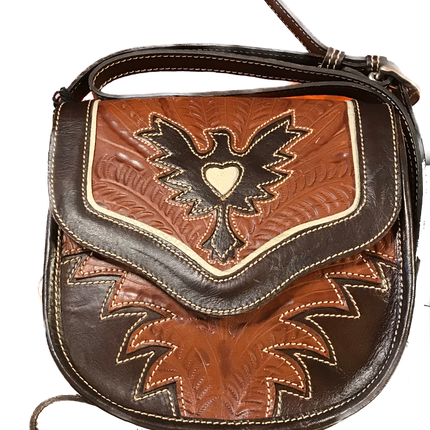 Antique Brown and Chocolate Brown Leather Crossbody Flap Bag with Eagle Cutout - American Leatherworks