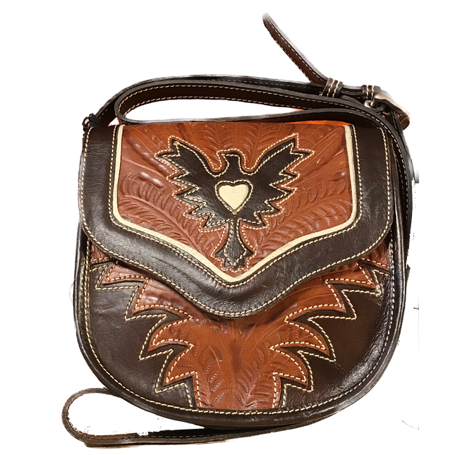 Antique Brown and Chocolate Brown Leather Crossbody Flap Bag with Eagle Cutout - American Leatherworks