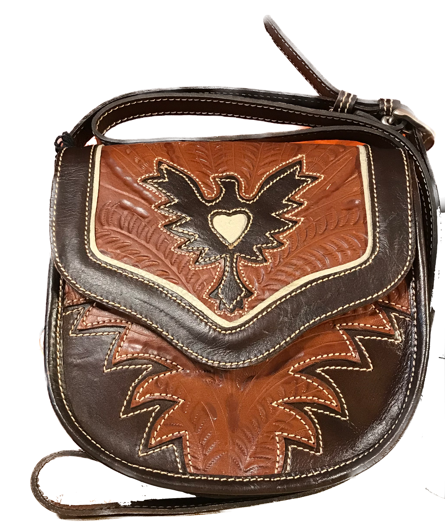 Antique Brown and Chocolate Brown Leather Crossbody Flap Bag with Eagle Cutout