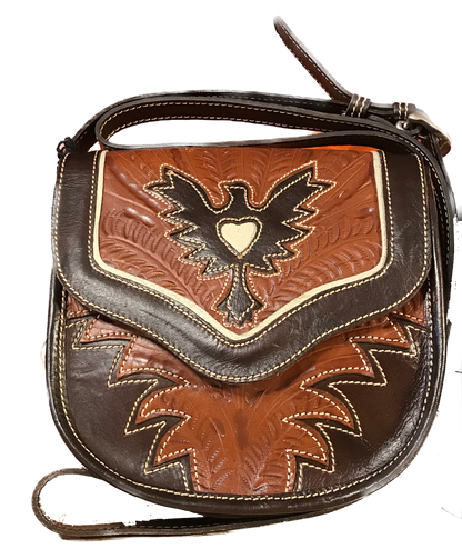 Antique Brown and Chocolate Brown Leather Crossbody Flap Bag with Eagle Cutout