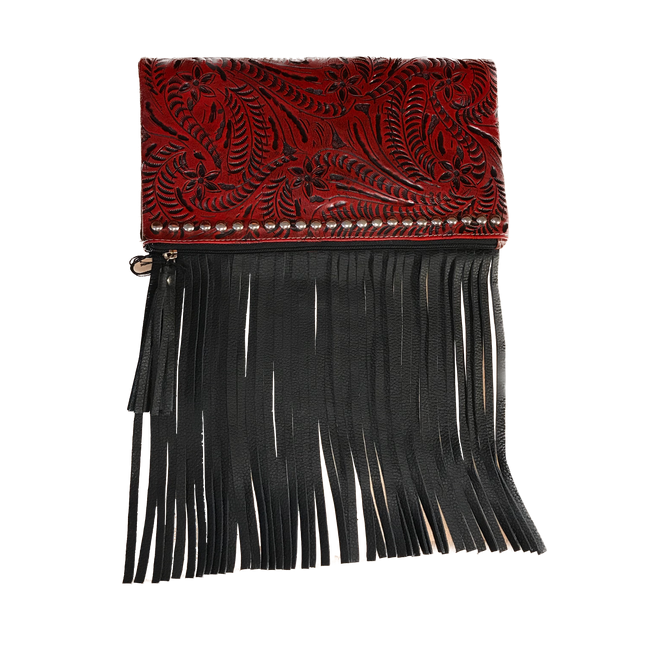 Distressed Crimson Leather Folded Clutch Crimson with Fringe - American Leatherworks