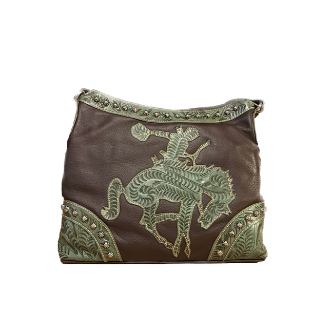 Soft, Tumbled Chocolate Leather with Turquoise Bucking Bronco Zip-Top Hobo - American Leatherworks