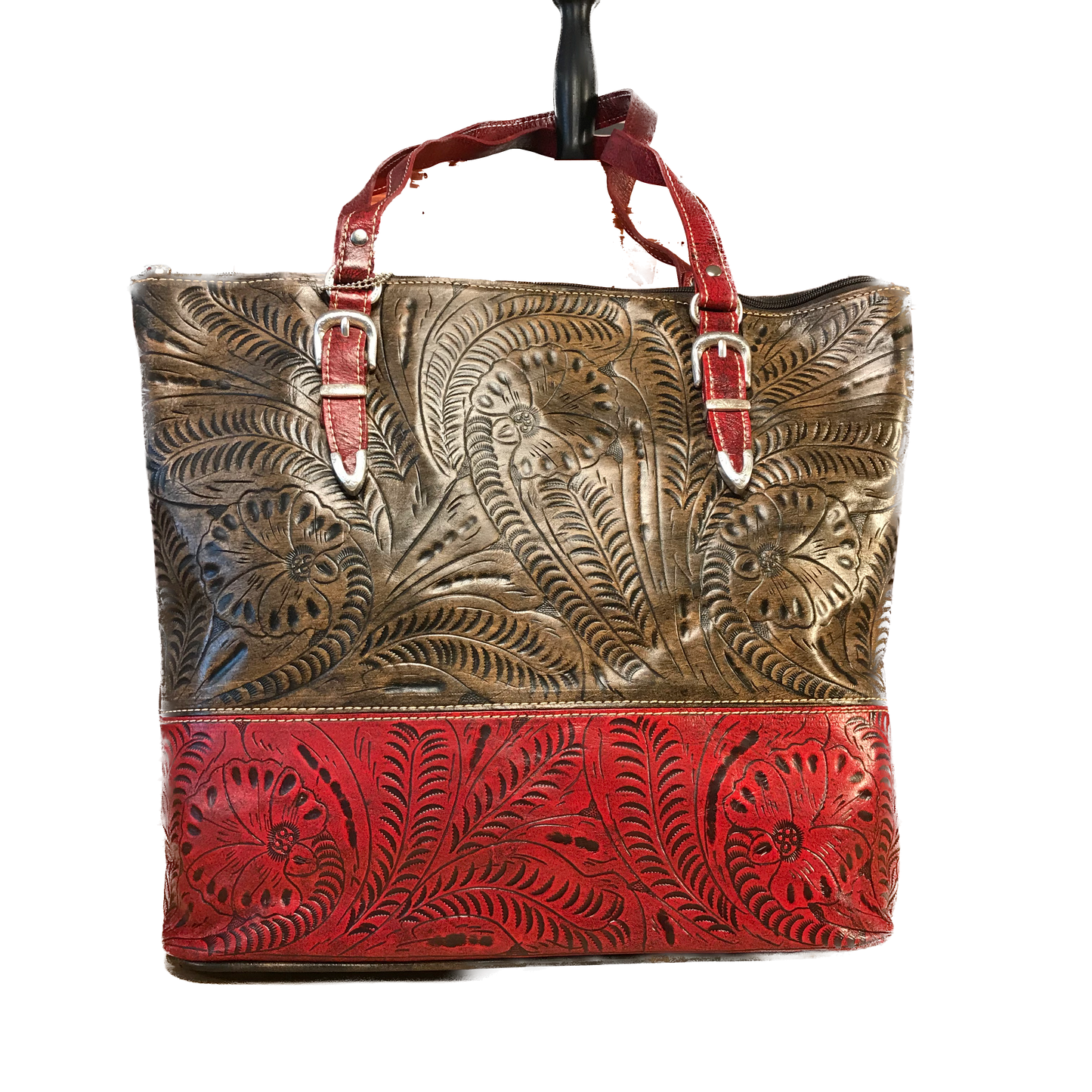 Distressed Charcoal Brown and Pomegranate Zip-Top Briefcase Tote
