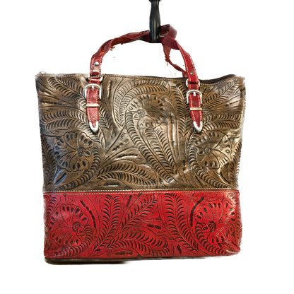 Distressed Charcoal Brown and Pomegranate Zip-Top Briefcase Tote