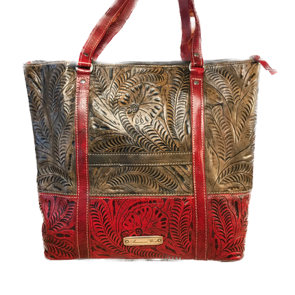 Distressed Charcoal Brown and Pomegranate Zip-Top Briefcase Tote - American Leatherworks