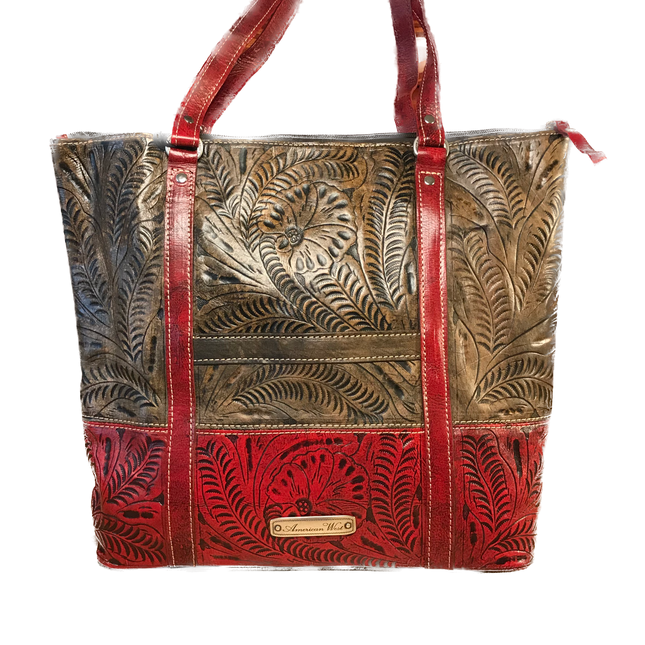 Distressed Charcoal Brown and Pomegranate Zip-Top Briefcase Tote - American Leatherworks