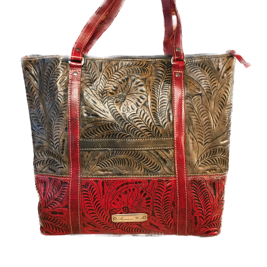 Distressed Charcoal Brown and Pomegranate Zip-Top Briefcase Tote