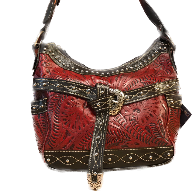 Distressed Crimson Zip-Top Hobo with Belt - American Leatherworks