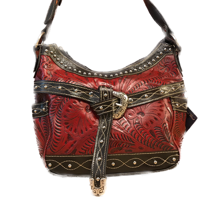 Distressed Crimson Zip-Top Hobo with Belt